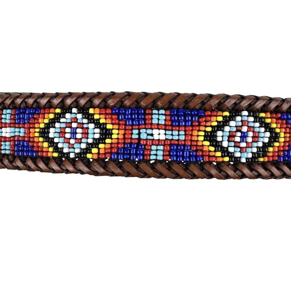 Vintage 90's South Western Beaded Brown Leather Belt 37.5" Native American Aztec - Picture 8 of 13